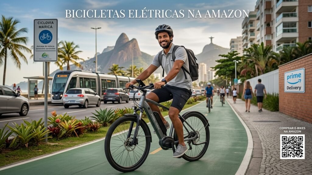 Um homem negro e sorridente, usando capacete e mochila, pedala uma bicicleta elétrica de cor grafite em uma ciclovia verde paralela à orla do Rio de Janeiro. Ao fundo, vê-se um trem do VLT e o Morro Dois Irmãos sob um céu claro. À direita, um poste com uma placa indicando "Prime Delivery" da Amazon e um código QR com a instrução "COMPRAR E-BIKES NA AMAZON". Uma placa de trânsito em português indica "CICLOVIA MARICÁ". O título "BICICLETAS ELÉTRICAS NA AMAZON" está sobreposto no topo da imagem em fonte branca e elegante.